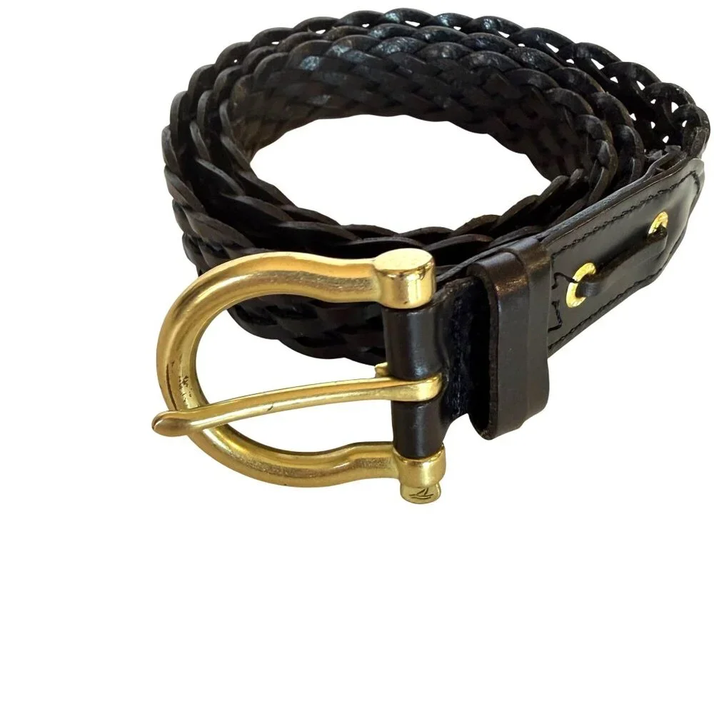 Leather Braided Belt L 45" Womens Black Gold Metal Buckle - Picture 2 of 5